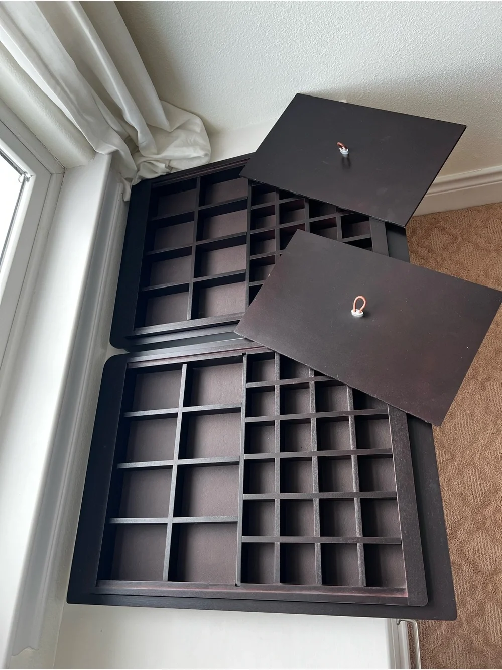 Elfa Built In Dark Brown Wood Jewelry Organizer with Sliding Lid